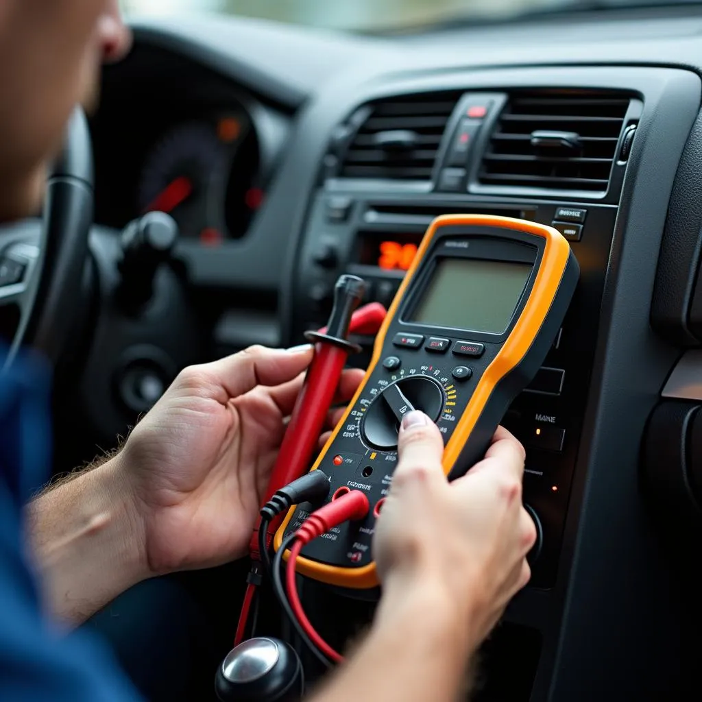 A mechanic using a multimeter to test the wiring behind a car radio