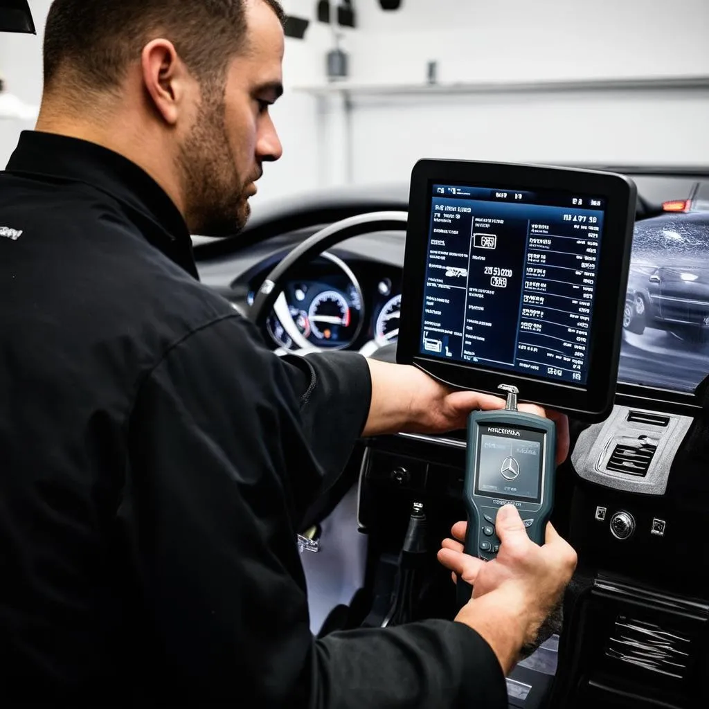 Mechanic using OBD scanner on a Mercedes