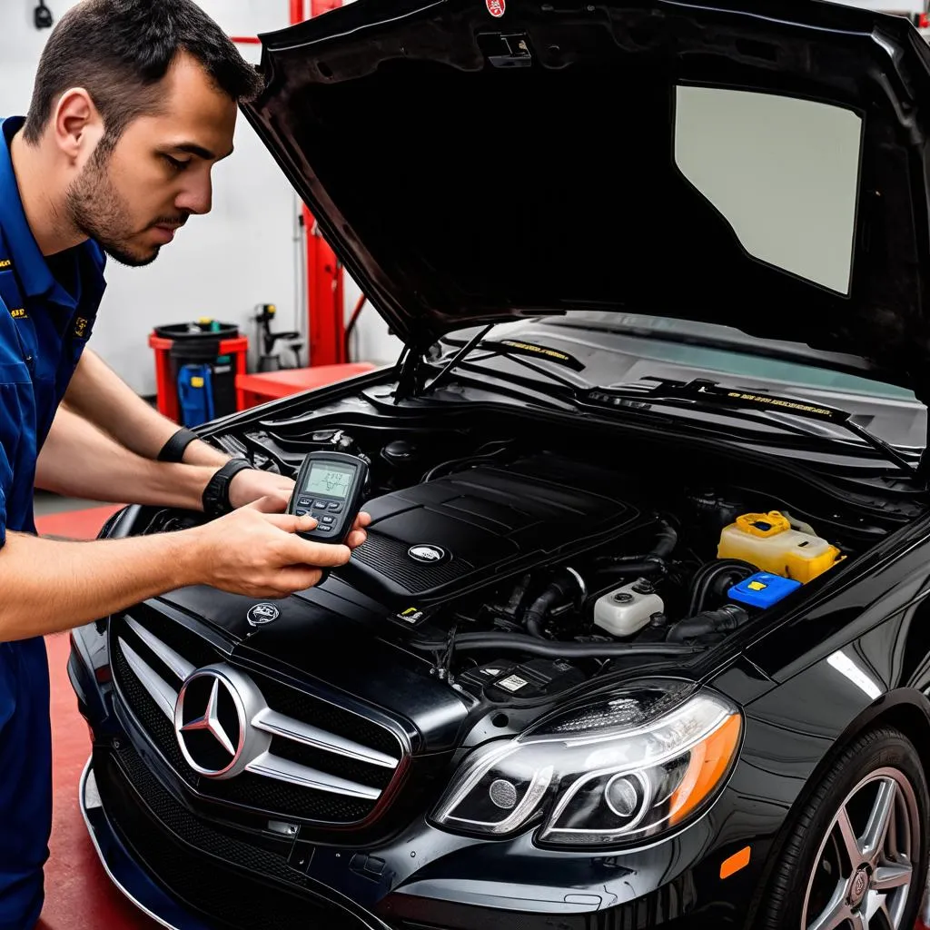 Mechanic Using OBD Scanner on Mercedes Engine