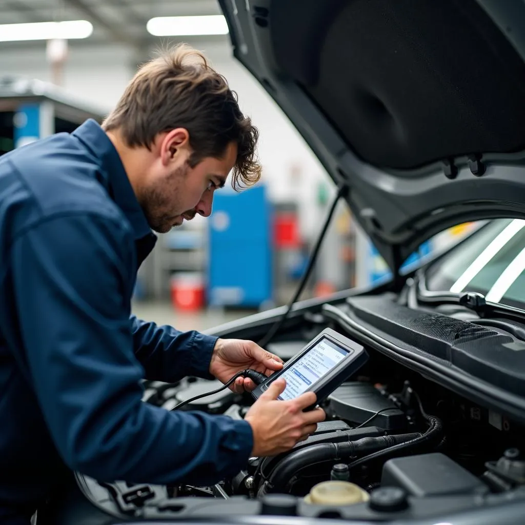 Mechanic using an OBD scanner on a car