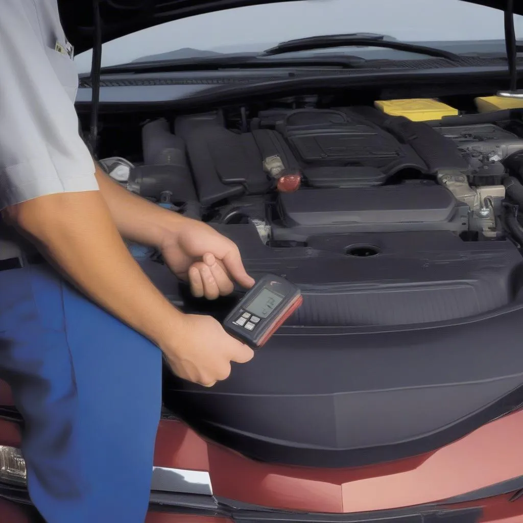 Mechanic diagnosing a Chevy Cobalt with an OBD-II scanner