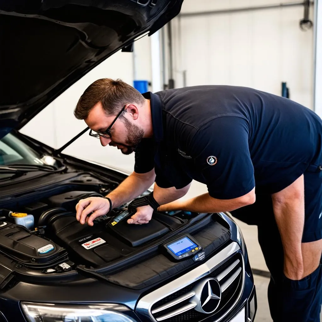 Mechanic Using OBD2 Scanner on Mercedes