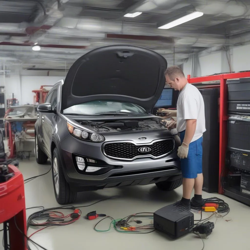 Mechanic Diagnosing Kia Sportage with OBD-II Scanner