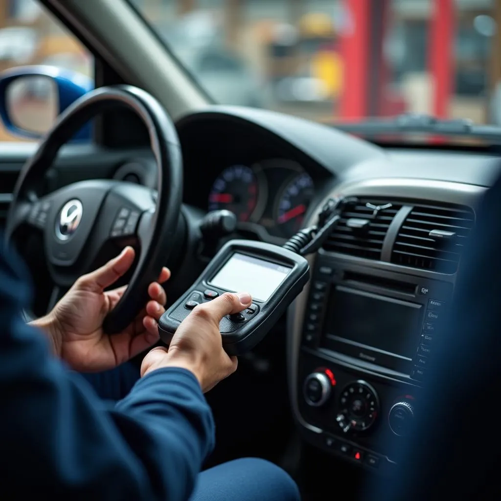 Mechanic using OBD2 scanner on car