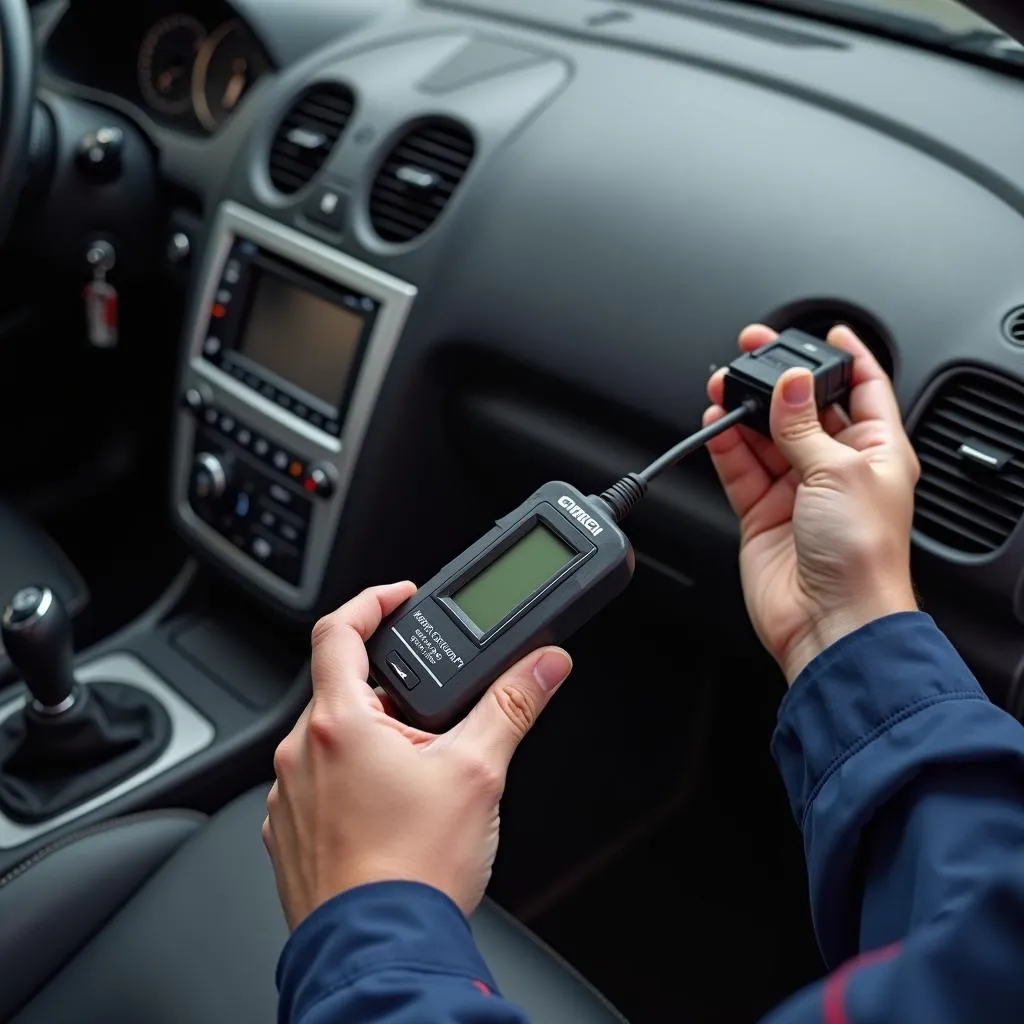 Mechanic using an OBD2 scanner on a car