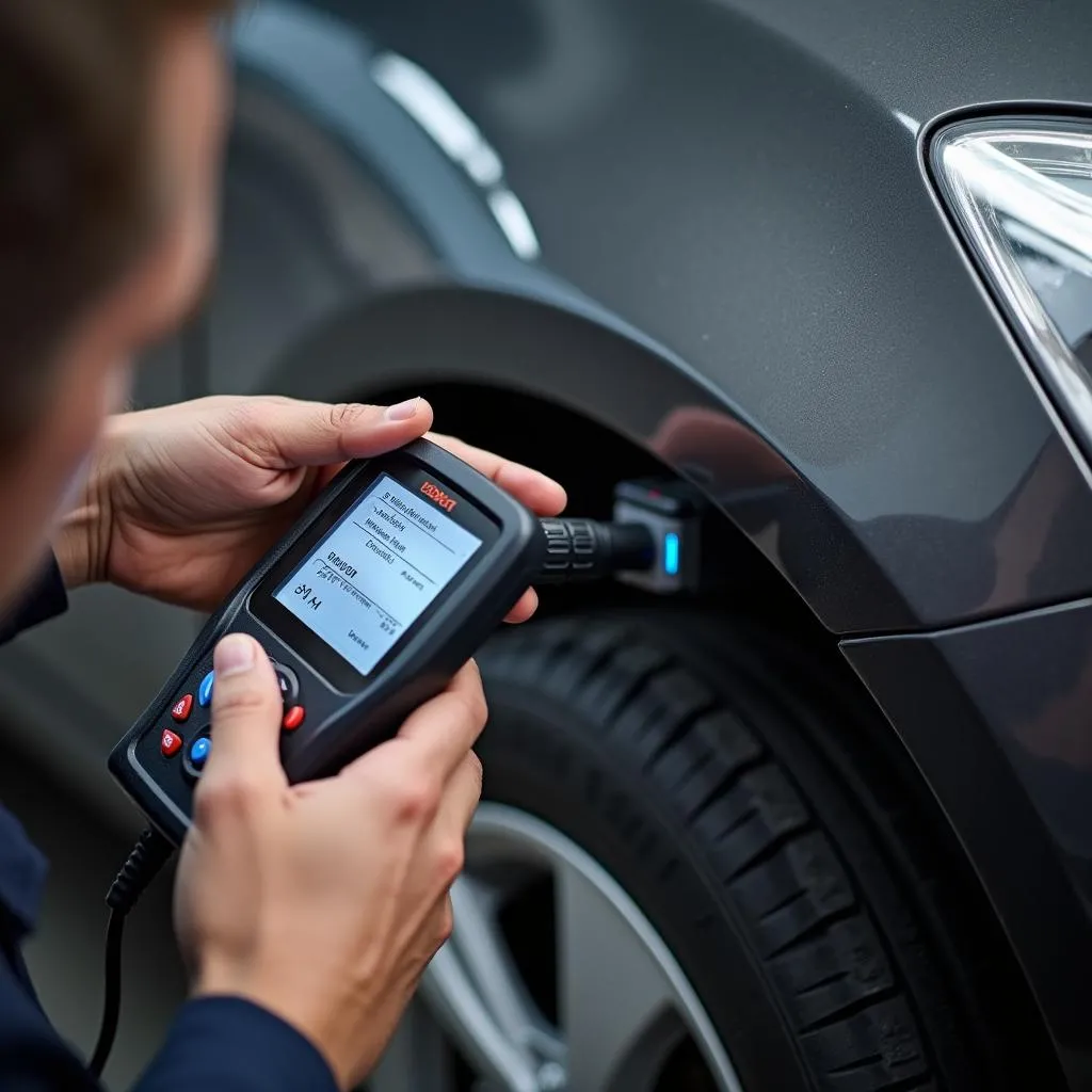 Mechanic using an OBD2 scanner on a car