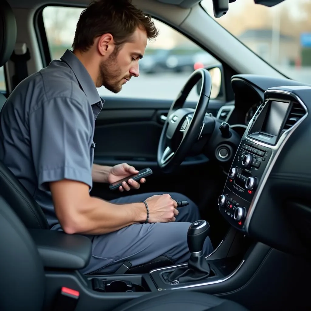 Mechanic using OBD2 scanner to diagnose car bluetooth issue