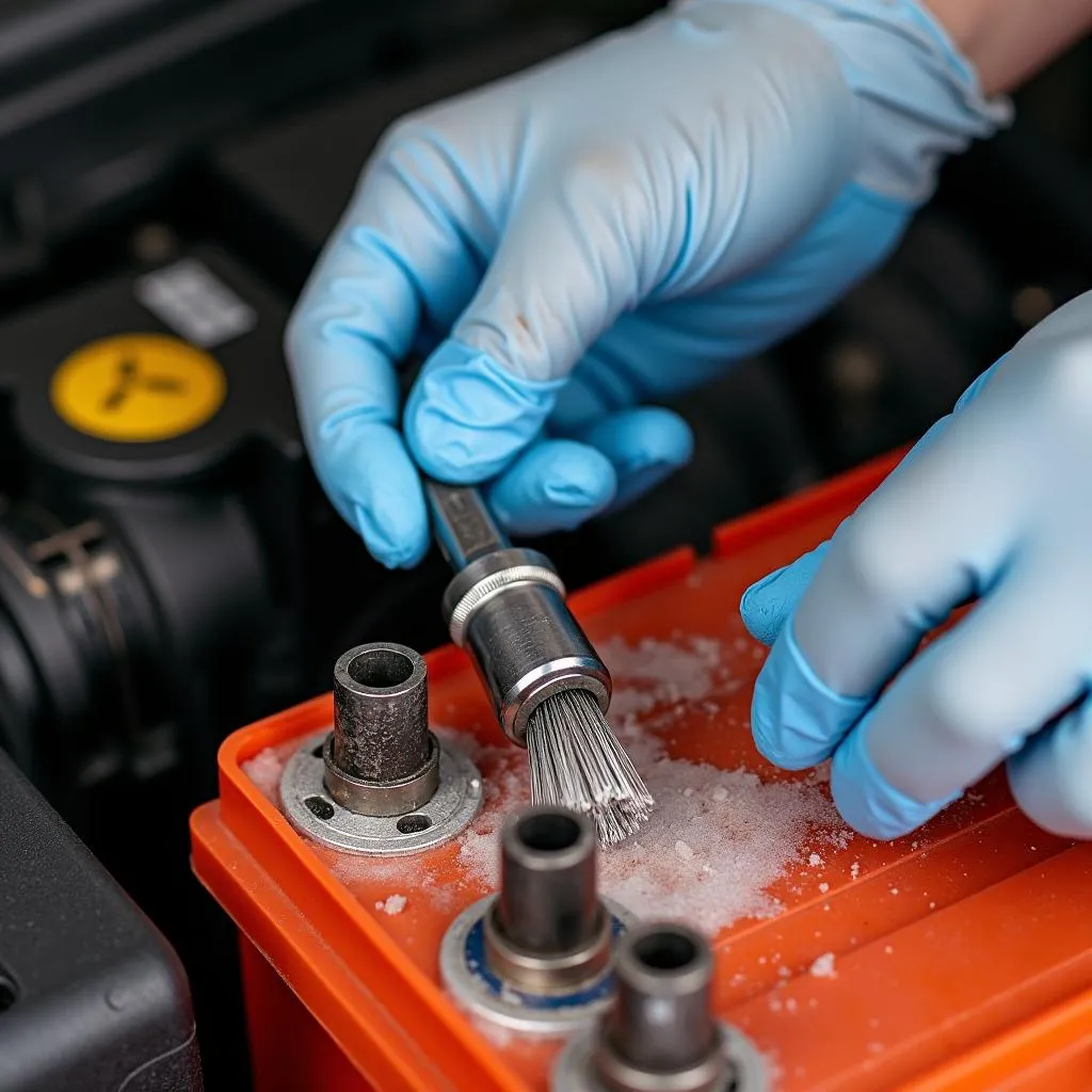 Mechanic diagnosing Mercedes with OBD2 scanner