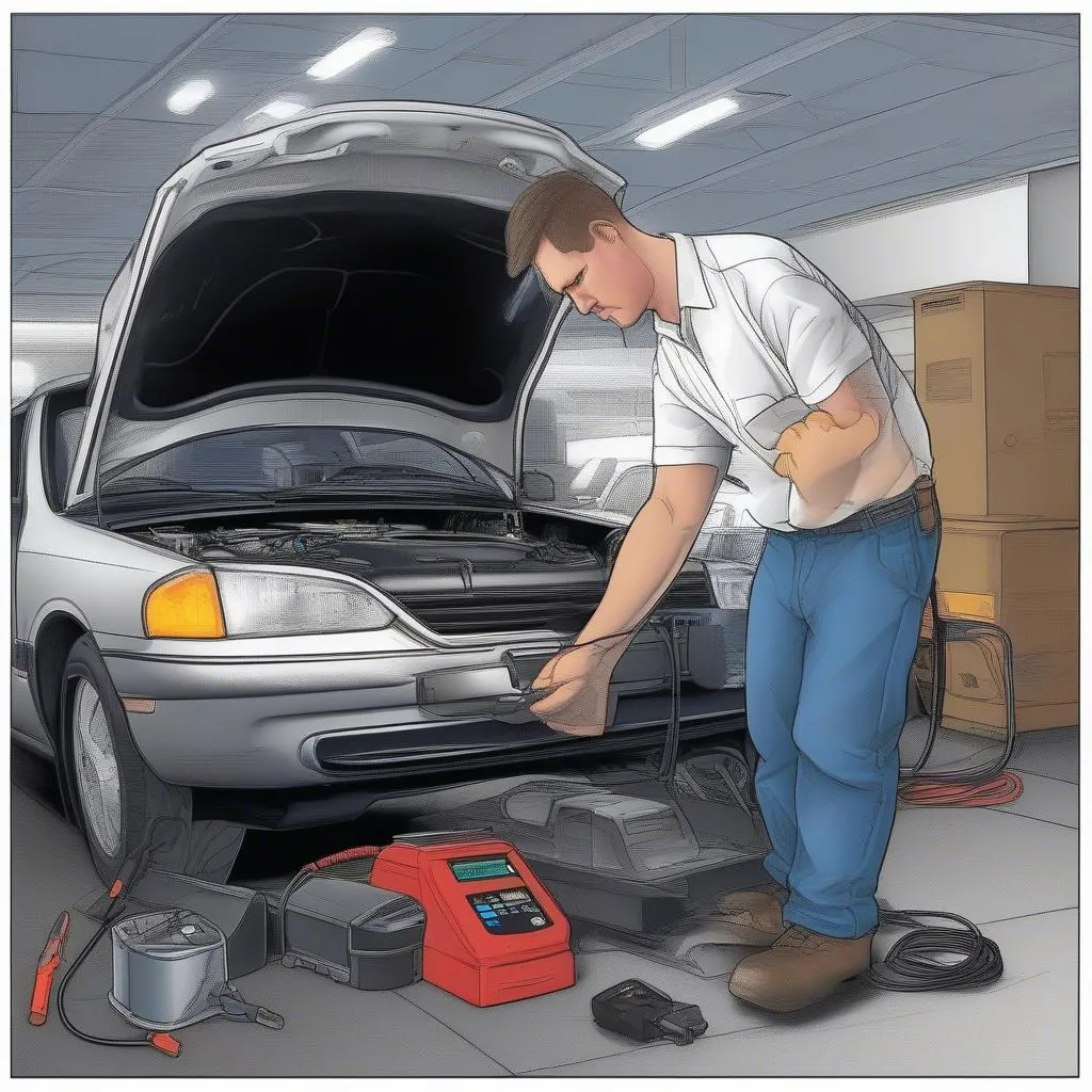 Mechanic using an OBD2 scanner on a car