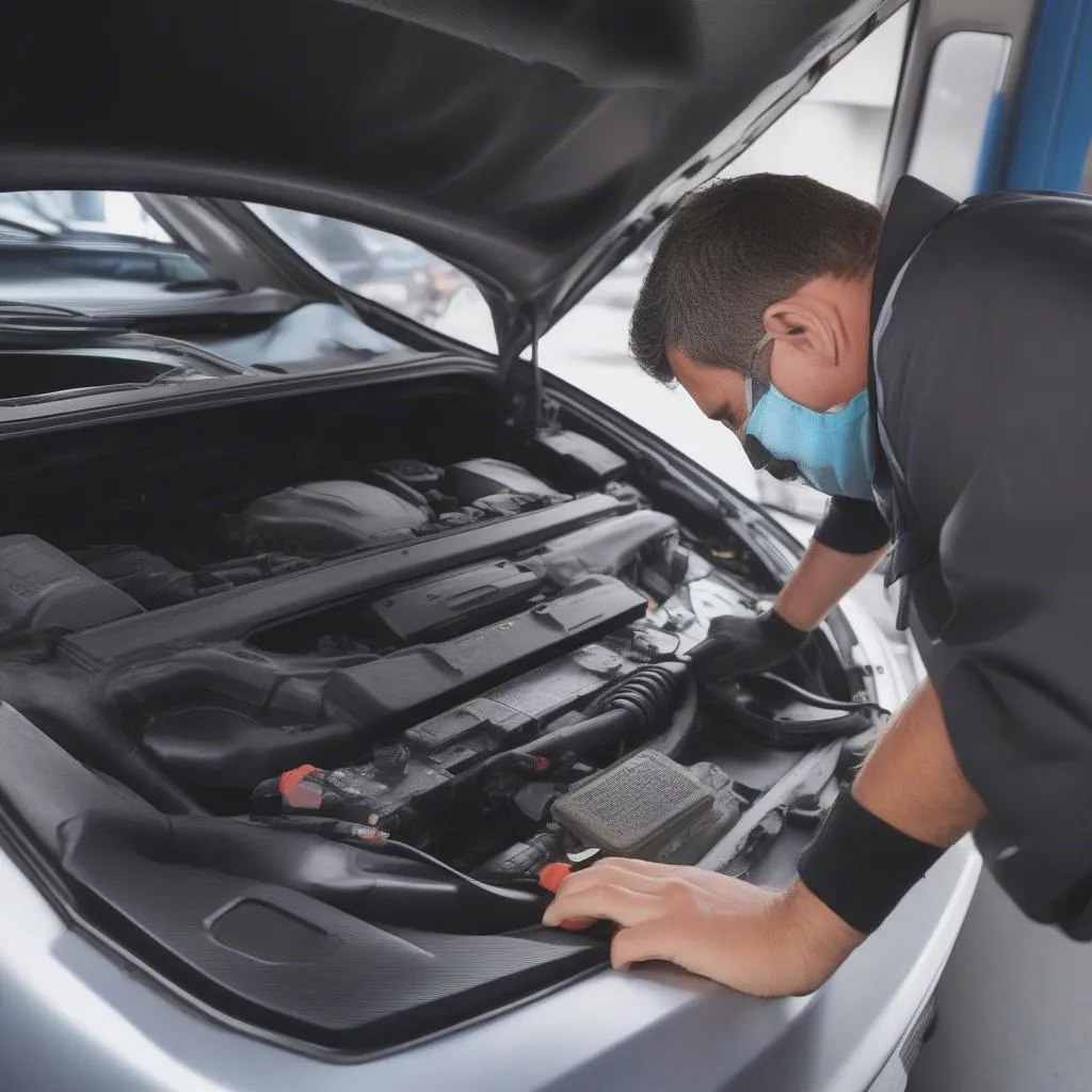 Mechanic using OBD2 scanner on a car