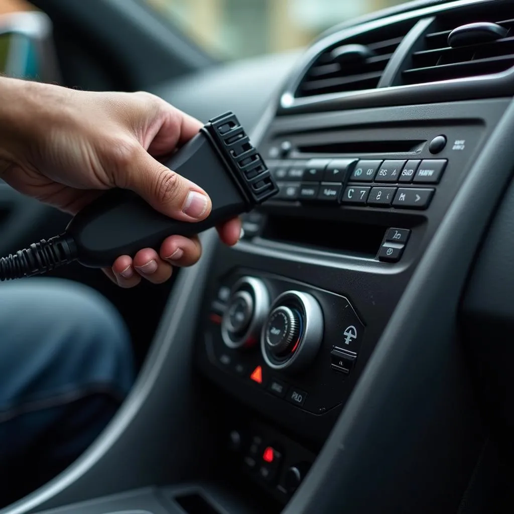 Mechanic Using OBD2 Scanner on Car