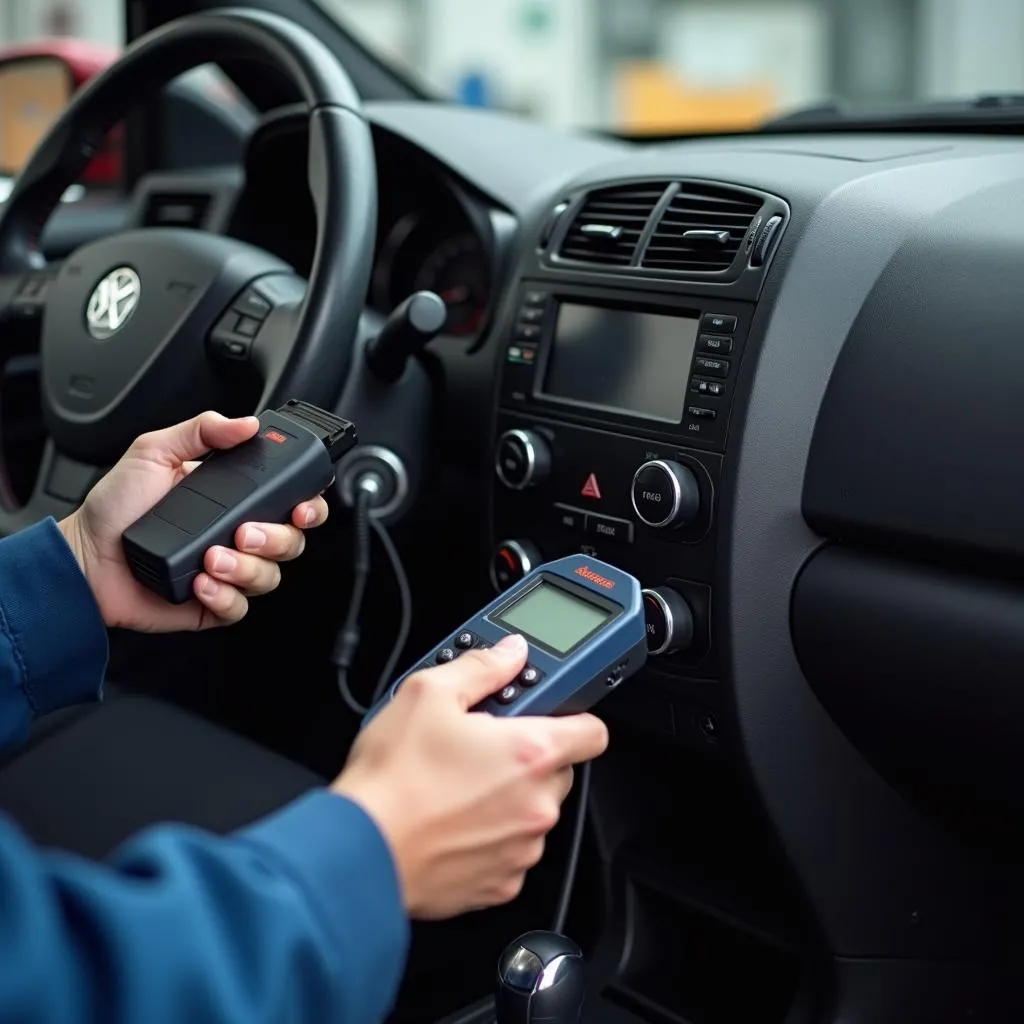 Mechanic using an OBD-II scanner on a vehicle