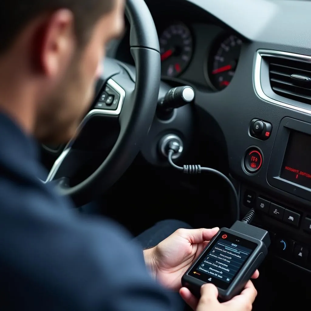 Mechanic using an OBD2 scanner on a car