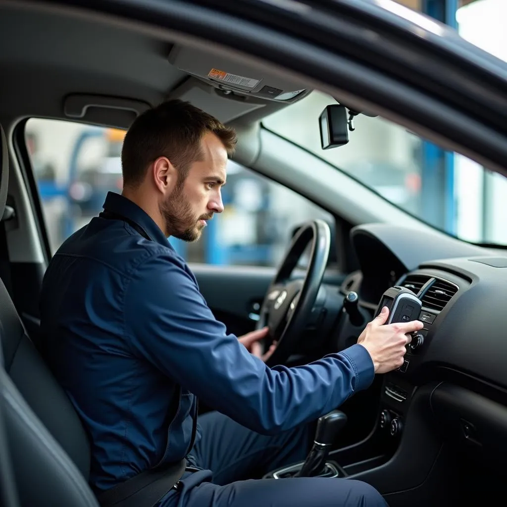 Mechanic using OBD2 scanner on car to diagnose anti-theft system