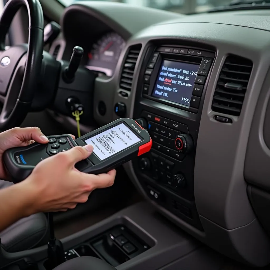 Mechanic diagnosing a Ford Expedition using an OBD2 scanner