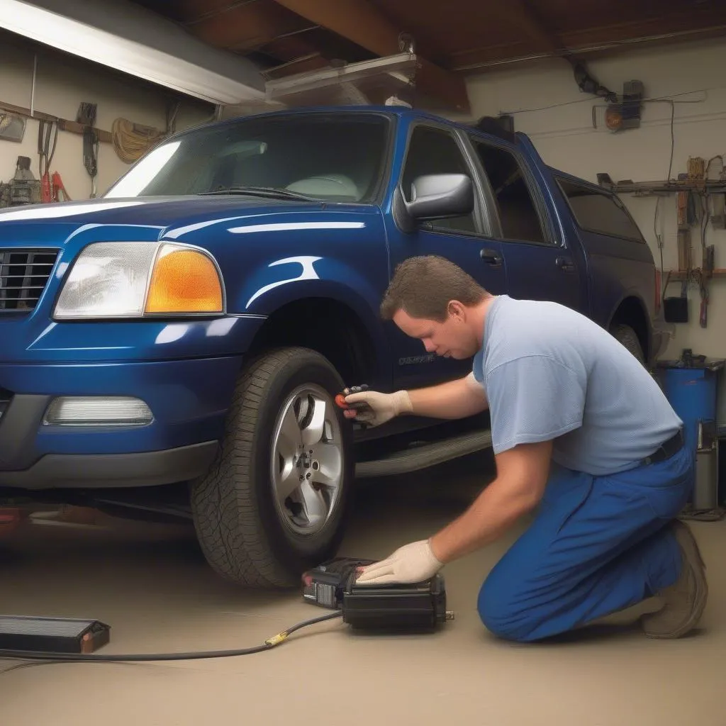 Mechanic connecting an OBD2 scanner to a Ford Explorer Sport Trac