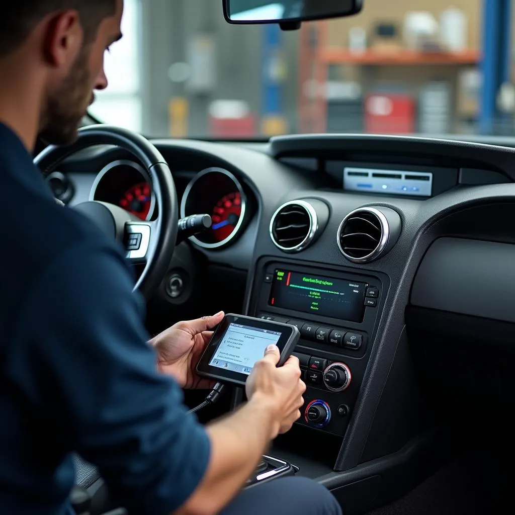 Mechanic using an OBD2 scanner on a Ford Mustang