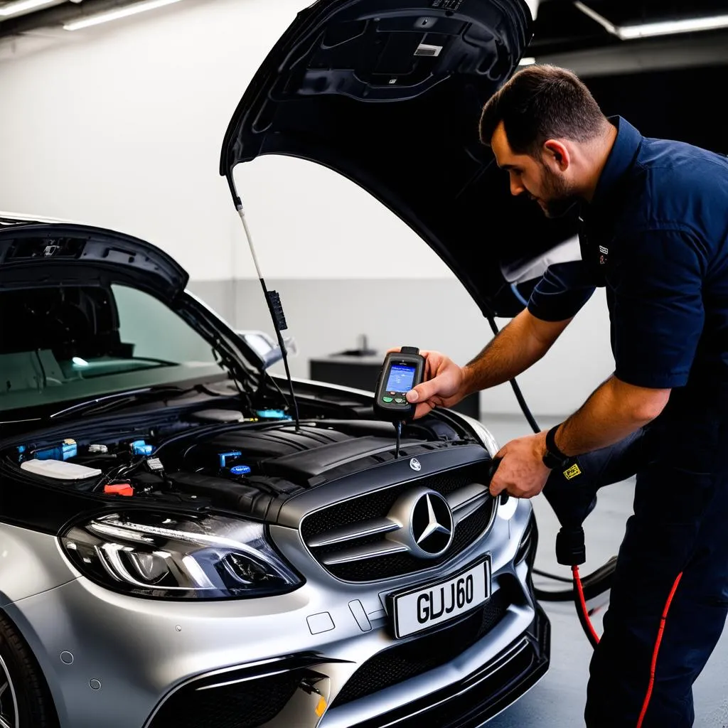 Mechanic Using OBD2 Scanner on Mercedes