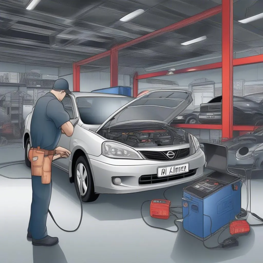 Mechanic using an OBD-II scanner on a Nissan Almera