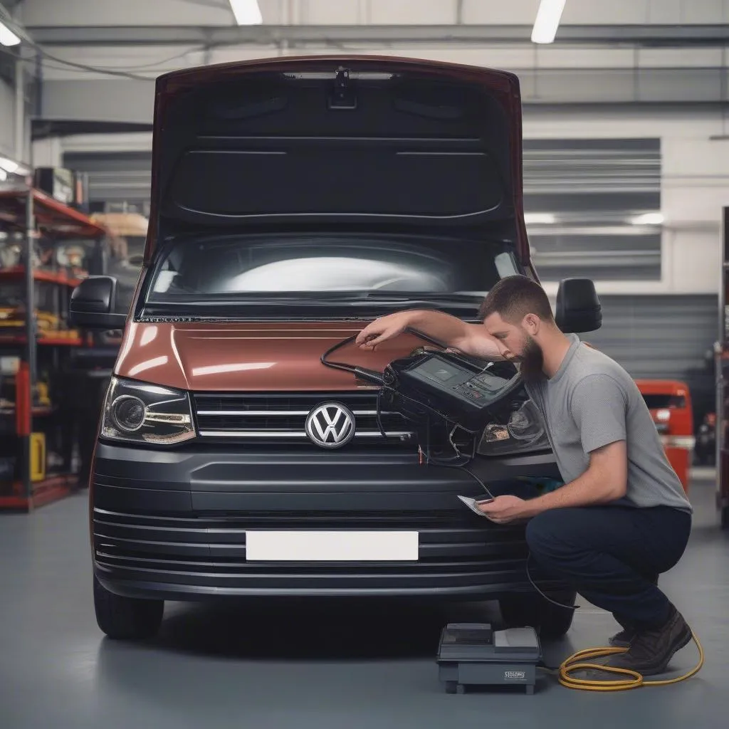 Mechanic using OBD2 scanner on VW Transporter