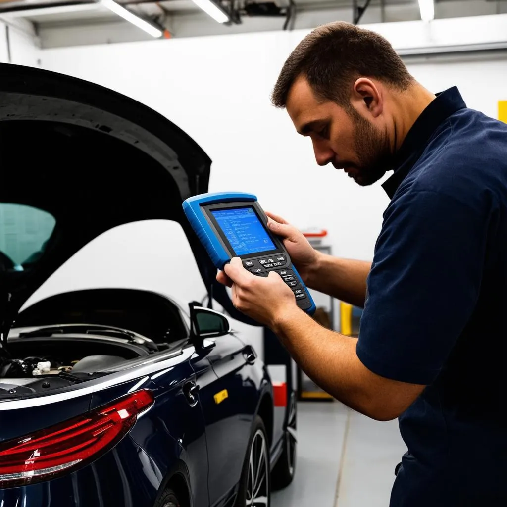 Mechanic Using Scan Tool on Mercedes