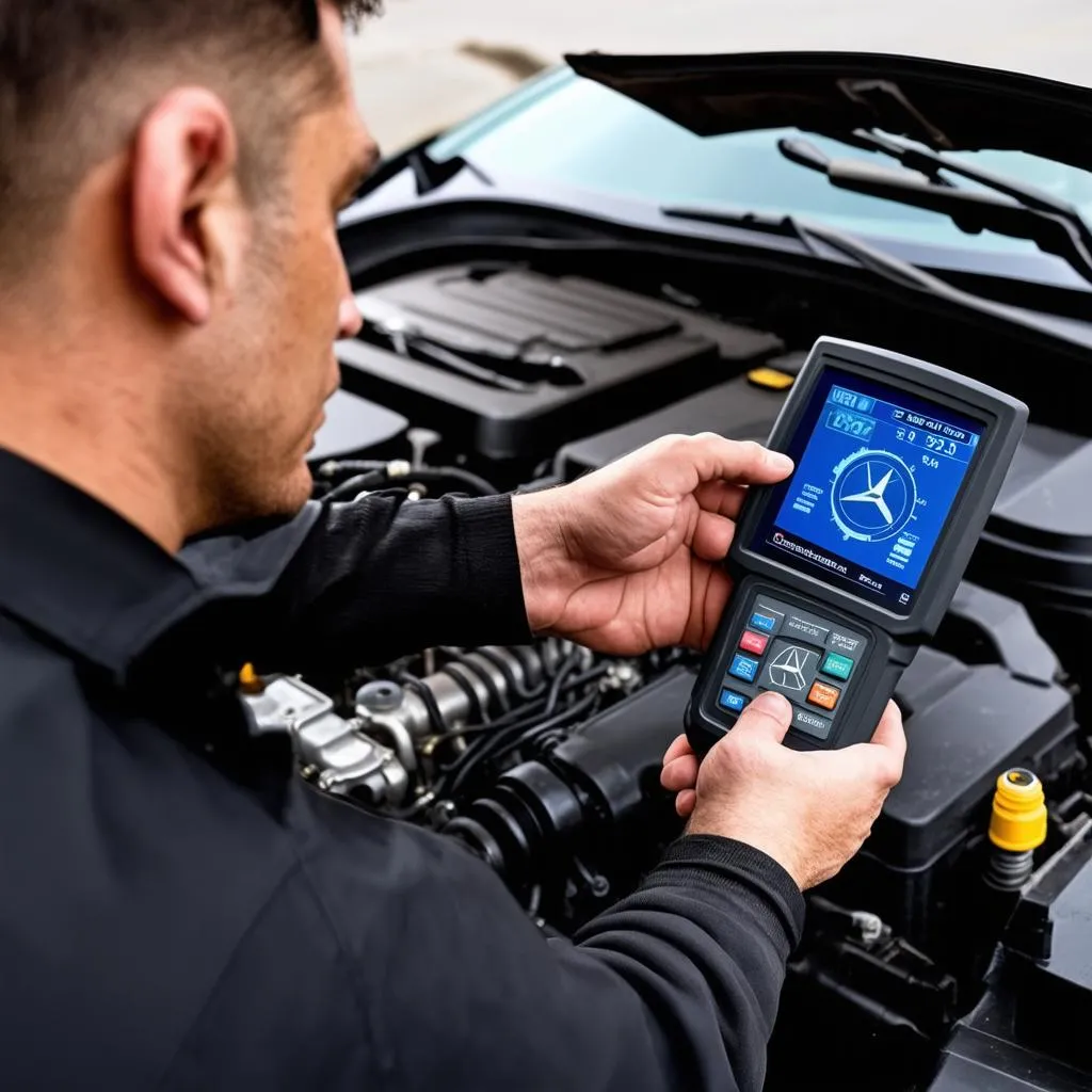 Mechanic Using Scan Tool on Mercedes Benz