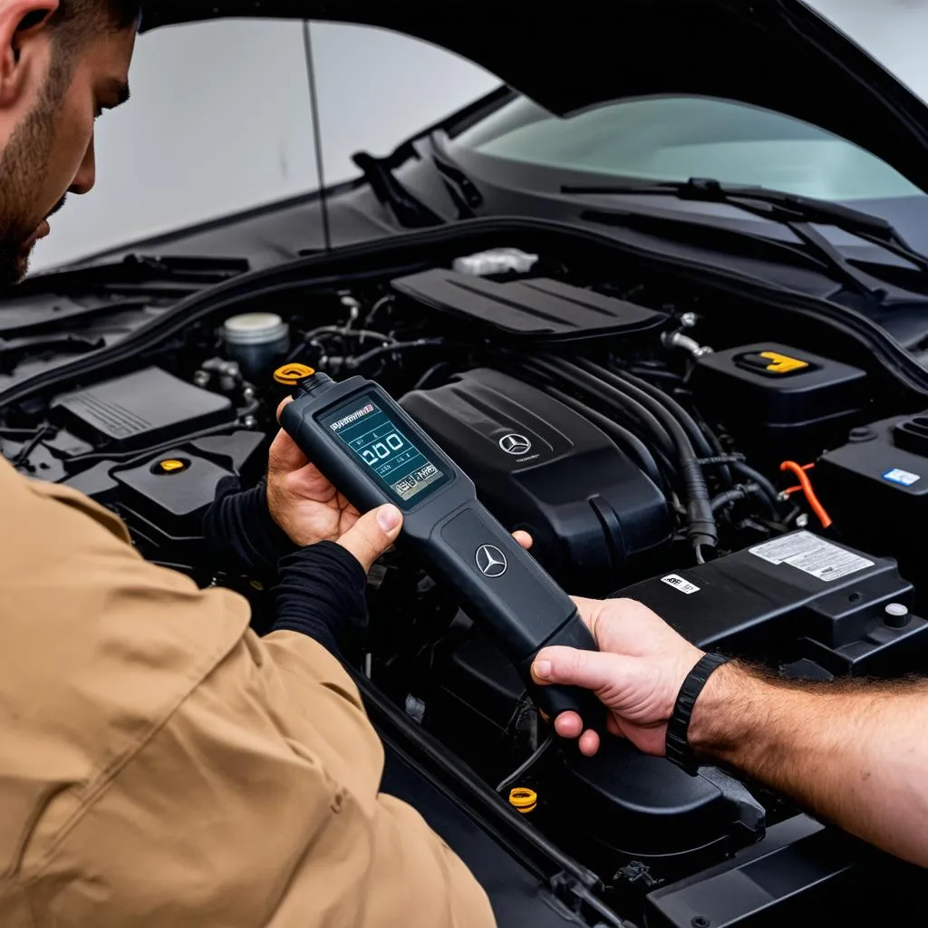 Mechanic using a scan tool on a Mercedes-Benz engine