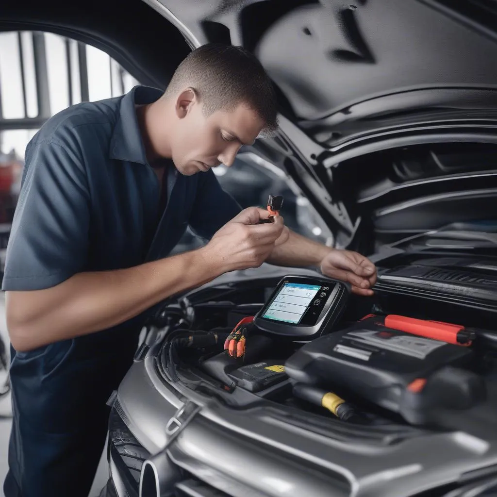 Mechanic diagnosing Mercedes-Benz C300 with a scanner