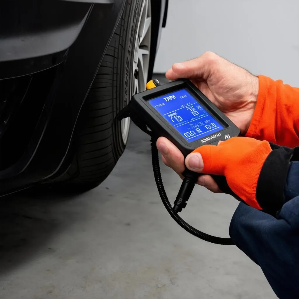 Mechanic using a TPMS tool to diagnose a car