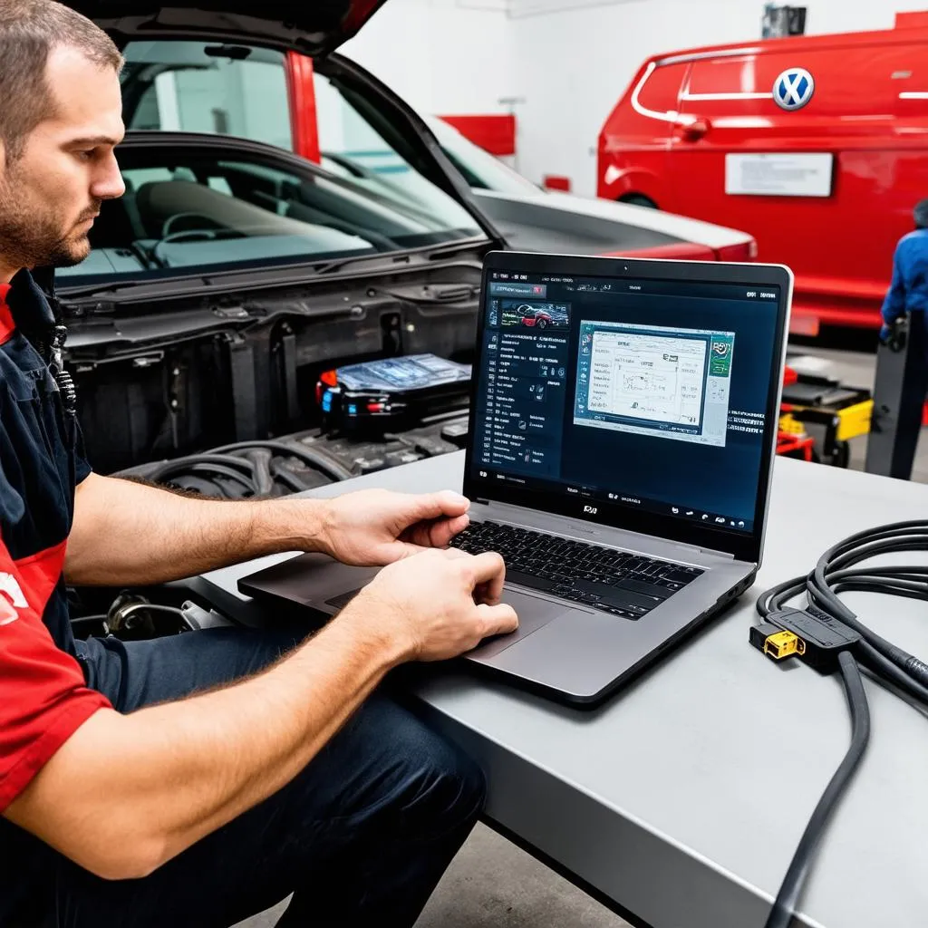 Mechanic using VAG VCDS cable to diagnose car