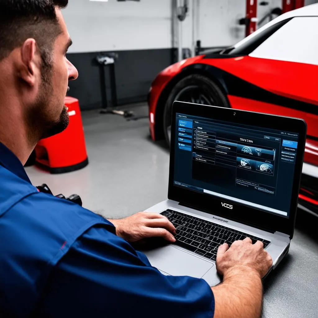 Mechanic using VCDS laptop