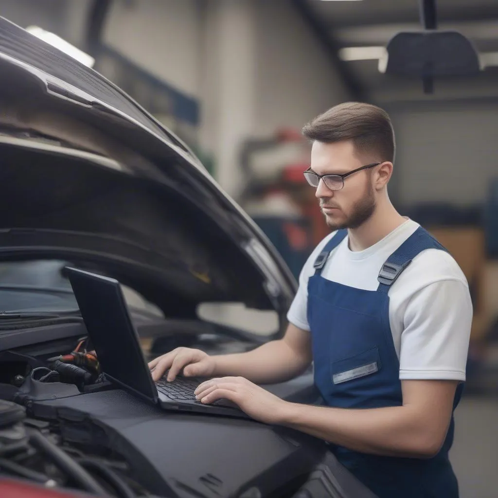 Mechanic Diagnosing Car with VCDS