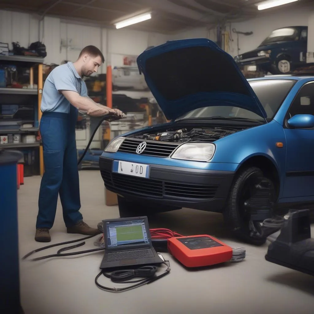 Mechanic Using VCDS on a Volkswagen Bora