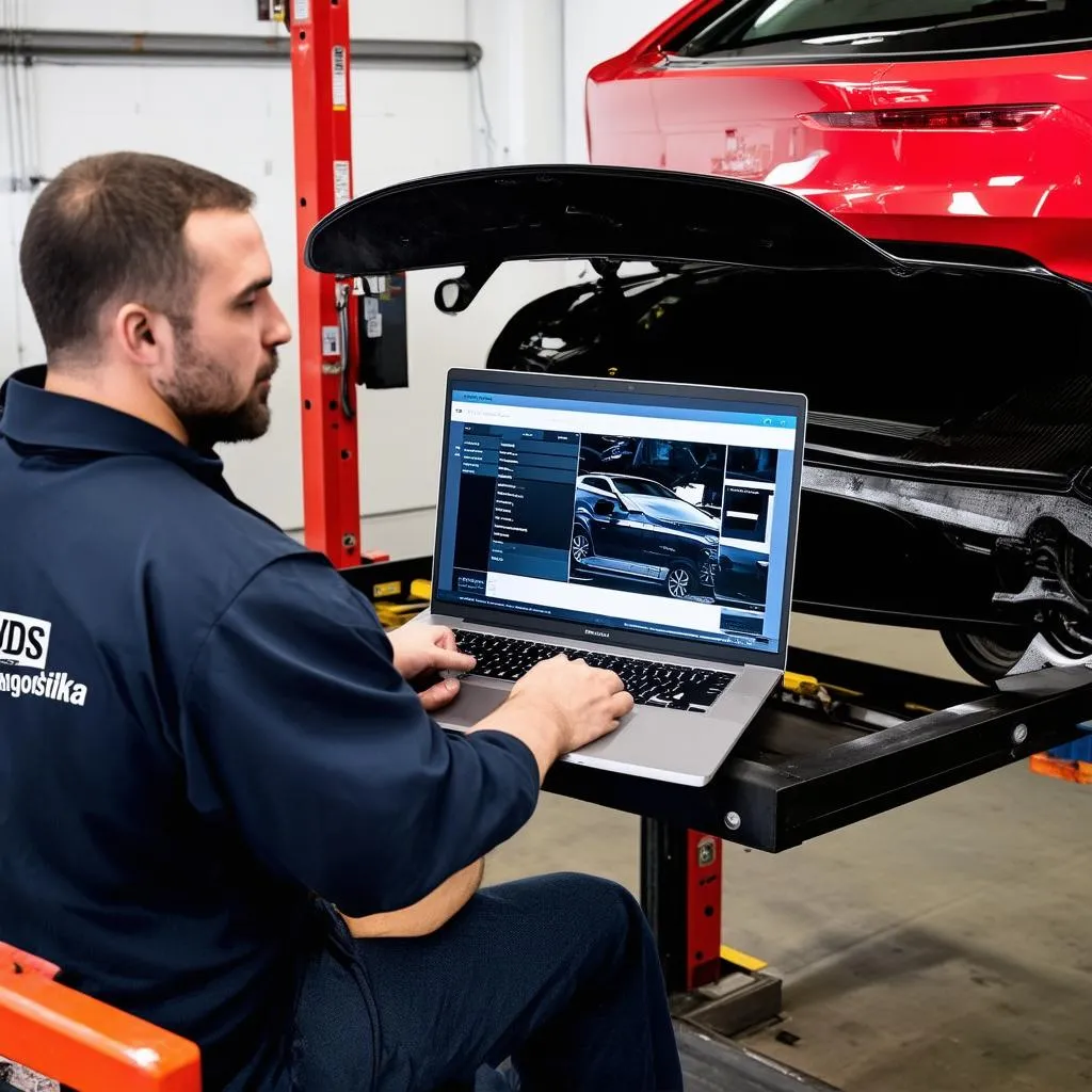 Mechanic Using VCDS Diagnostika on Car