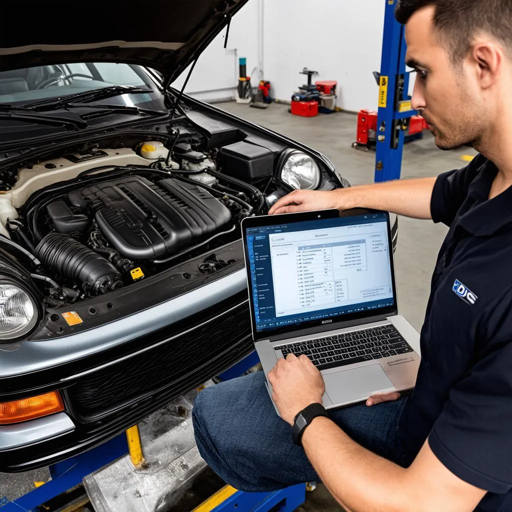 Mechanic using VCDS for car diagnostics