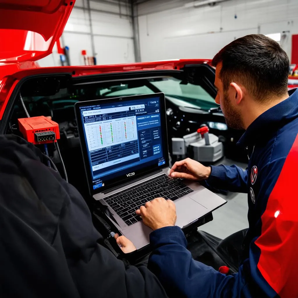 Mechanic Using VCDS for Car Diagnostics