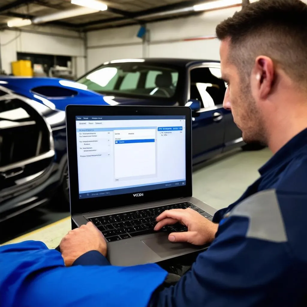 Mechanic using VCDS software on a laptop to diagnose a car