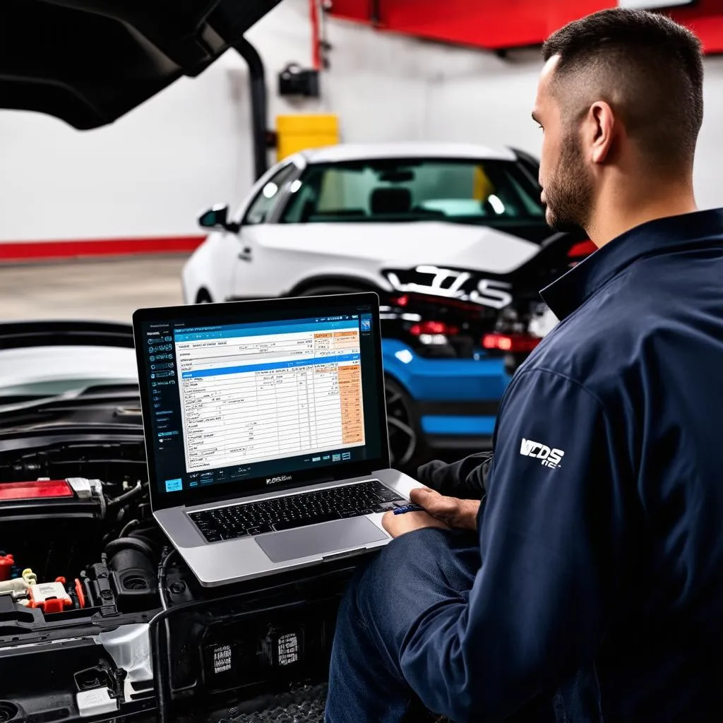 A mechanic using a laptop with VCDS Lite software to diagnose a car problem