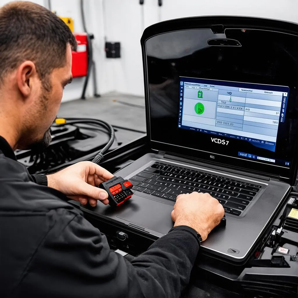 Mechanic using VCDS to diagnose an Audi A4 B7