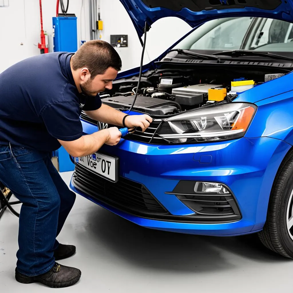 Mechanic plugging in VCDS cable to a Jetta