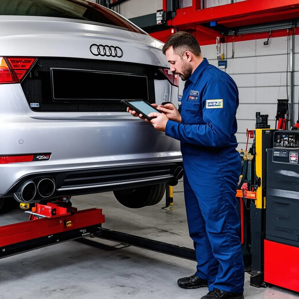 Mechanic using VCDS tablet in a garage