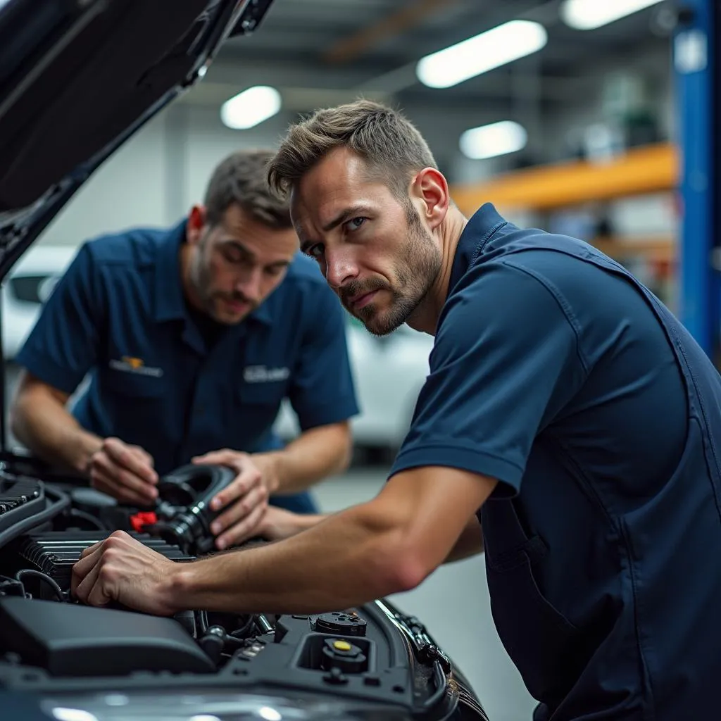 Mechanic working on car electronics