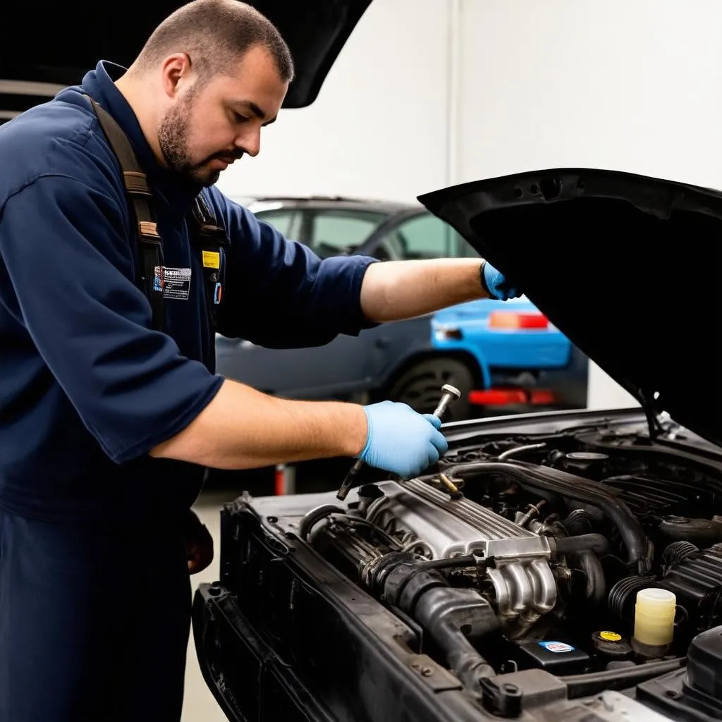 Mechanic Working on a Car Engine