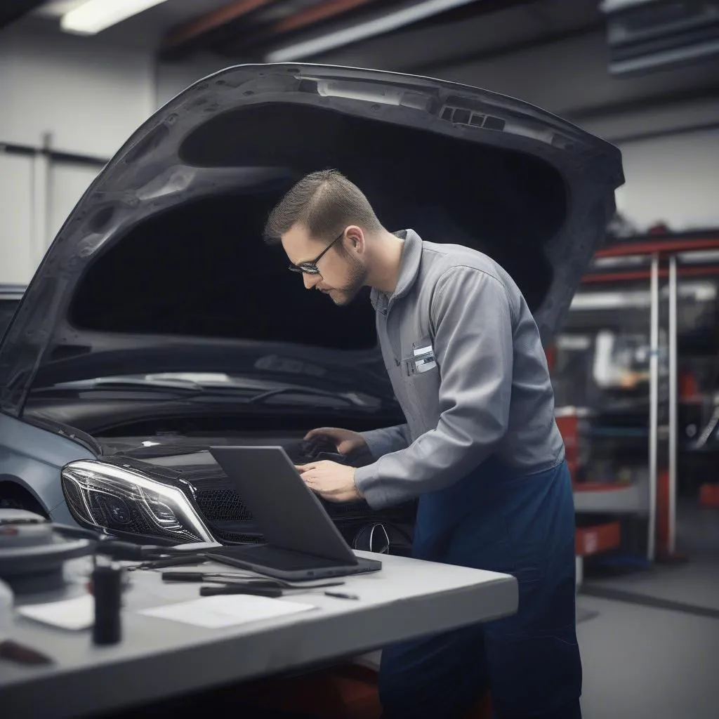 Mechanic Working on Laptop