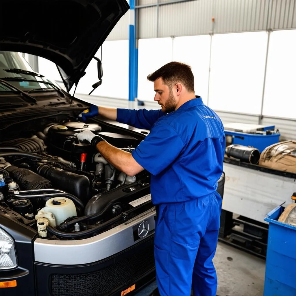 Mechanic working on a Mercedes truck engine