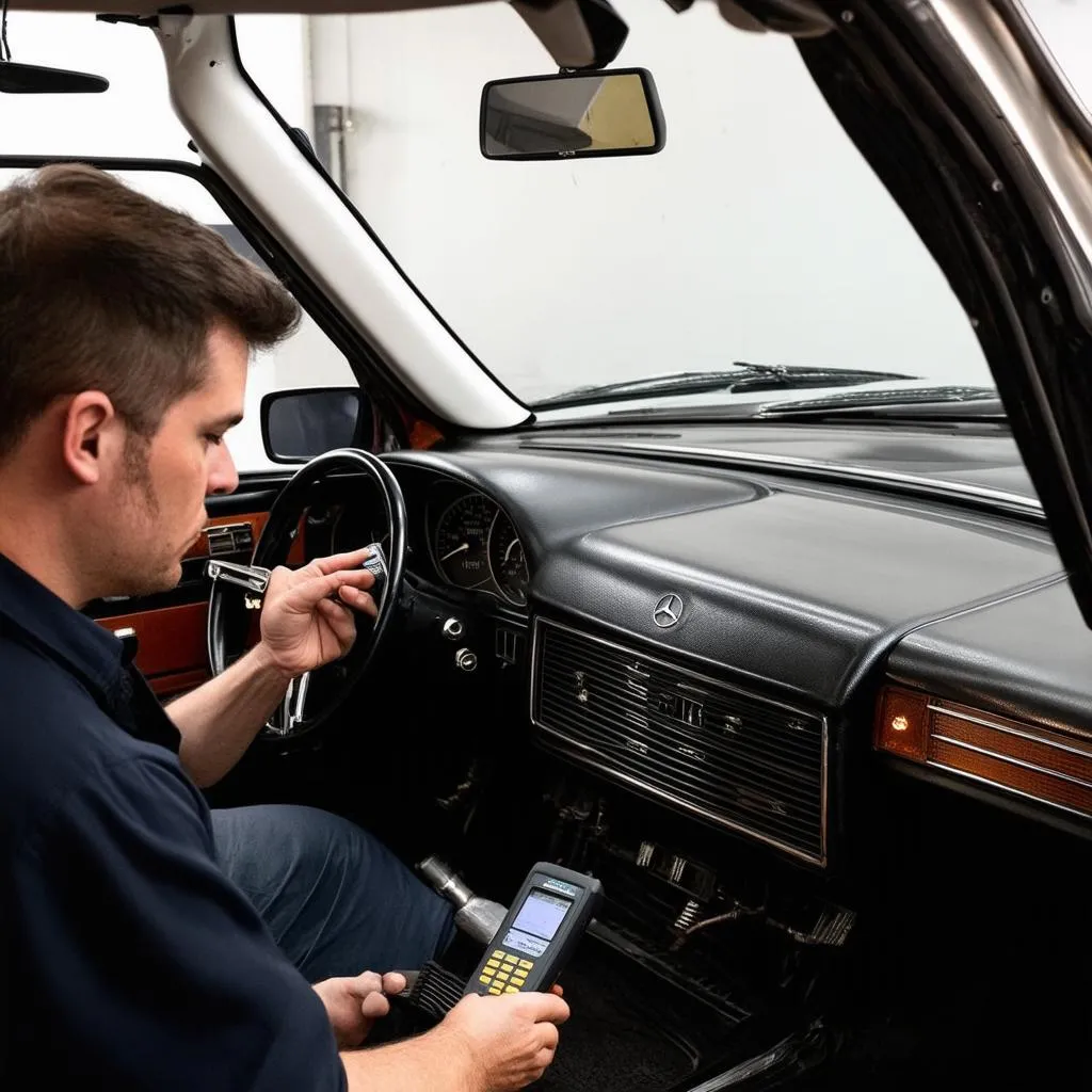 Mercedes-Benz Mechanic Using Diagnostic Tool