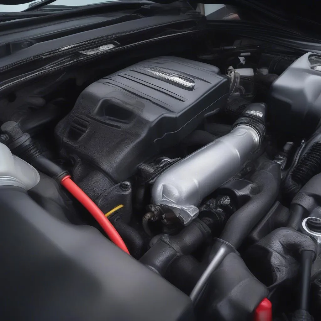 A close-up view of a Mercedes C300 engine compartment with the power steering fluid reservoir highlighted.