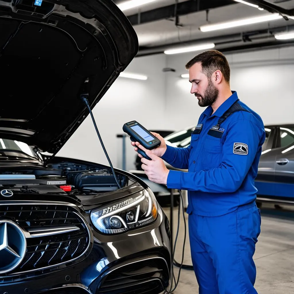 Mechanic using a diagnostic reader on a Mercedes-Benz car