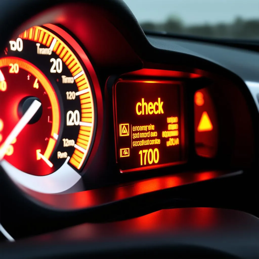 Mercedes dashboard with engine diagnostic light illuminated