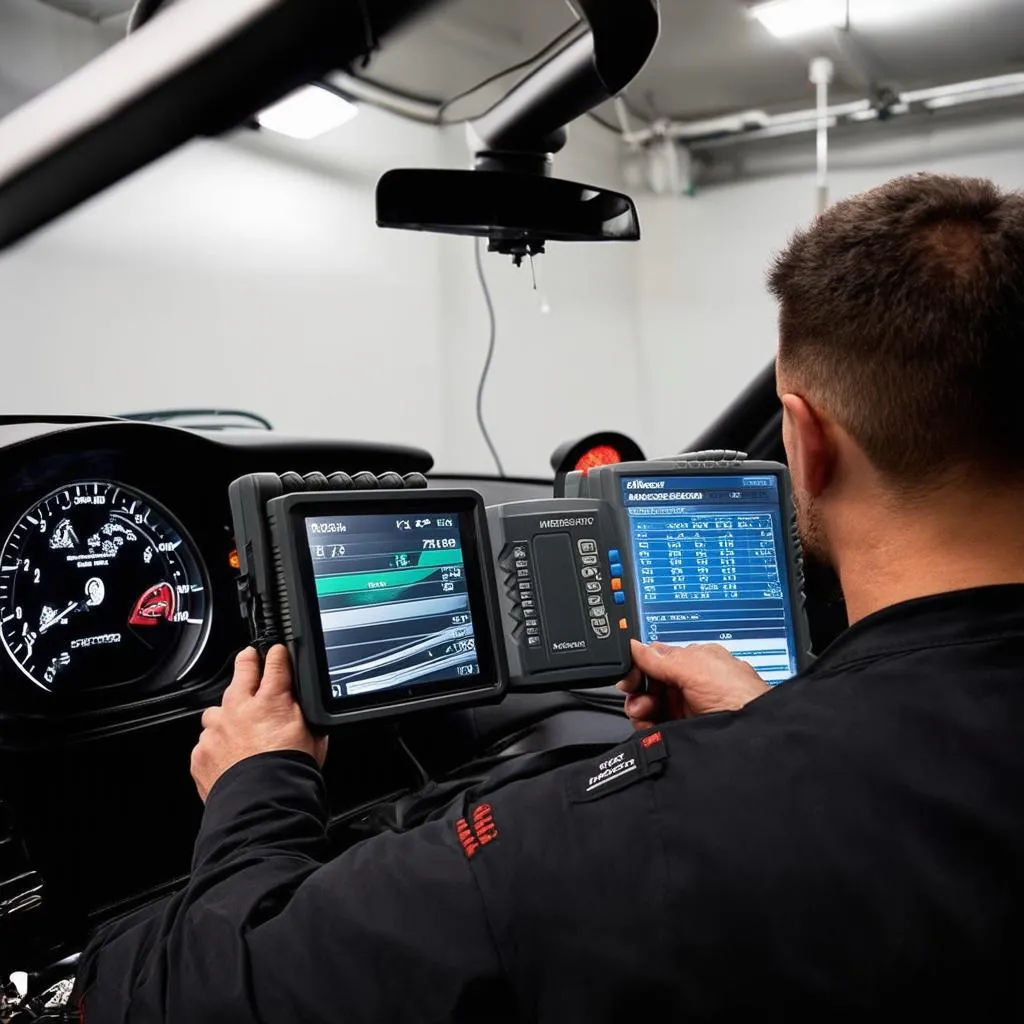 Mercedes Mechanic Using Diagnostic Tool